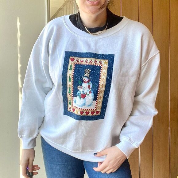 80s Hanes Her Way Wide Neck White Sweater DIY Snowman Graphic Sparkle Puff Paint - Picture 1 of 8